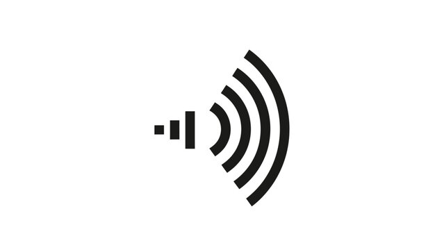 Black icon with concentric arcs emanating from stacked rectangles