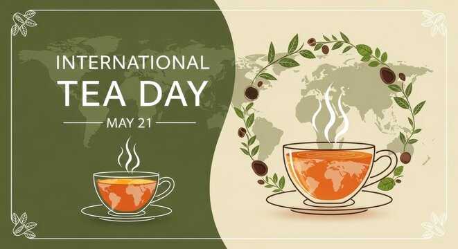 international tea day celebration poster with steaming teacup and world map design may 21