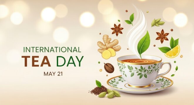 International Tea Day celebration with floral teacup and steaming tea on May 21