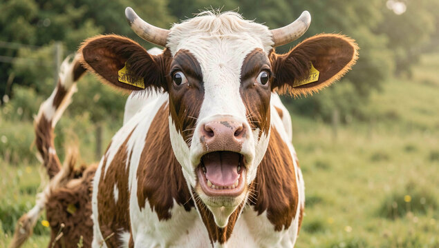 Surprised cow standing in the grassy field.