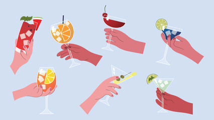 Flat Illustration of Diverse Hands Holding Colorful Cocktails and Summer Drinks Set © Walija