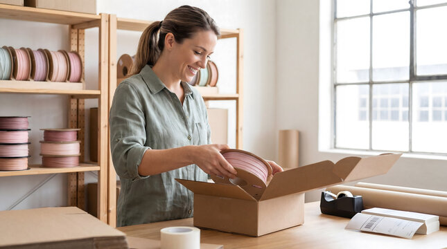 Female entrepreneur packing a spool of filament into a cardboard shipping box