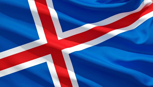 Iceland national flag with blue field, red cross outlined in white, symbolizing ocean, snow, ice, and volcanic fire identity.