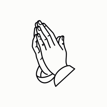 Praying hands in simple line drawing isolated on white background