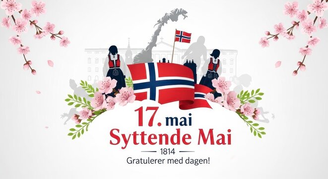 norwegian constitution day celebration with children in traditional bunad holding flag