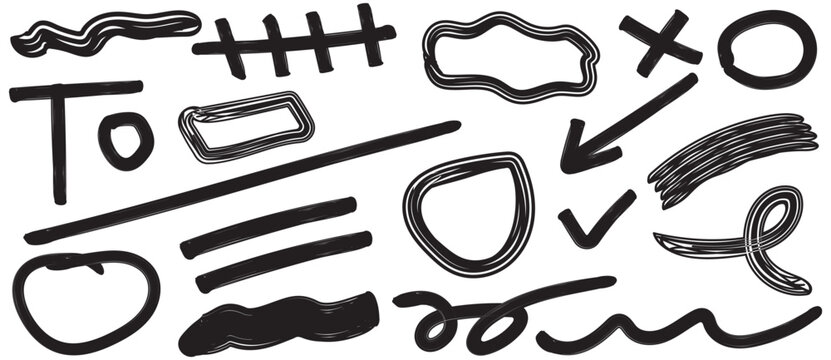 Hand Drawn Doodle Shapes Set, Abstract Scribble Lines, Arrows, Frames and Brush Strokes Vector