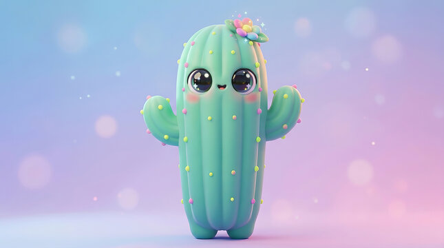 Cute 3D animated cactus character with big eyes, colorful flowers, and small arms standing against a soft pastel gradient background with bokeh lights.