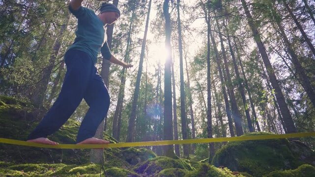 Slacklining in Sunlit Forest | Barefoot Balance and Mindfulness
