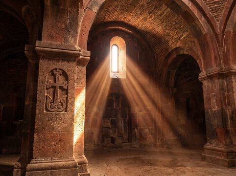 Interior of an ancient Armenian stone church with dramatic sunlight rays streaming through a narrow window onto a carved khachkar pillar