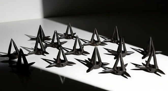 Isolated array of dark, sharp, metallic objects casting long shadows on a pristine white surface