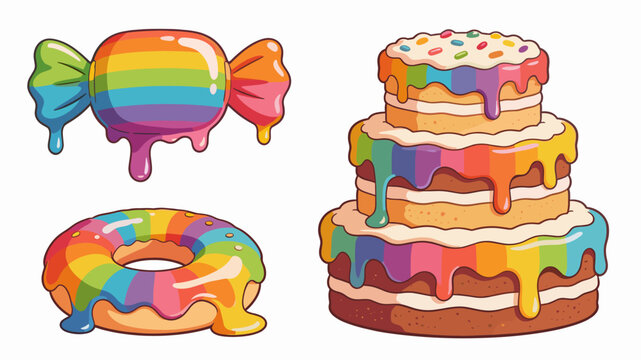 A vibrant and playful illustration of a rainbow popsicle dripping onto a glazed donut. Perfect for depicting summertime fun, cheerful branding, or swe