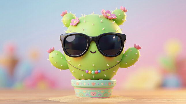 Cute 3D animated cactus character wearing sunglasses and a colorful beaded necklace, standing in a small pot on a wooden surface.