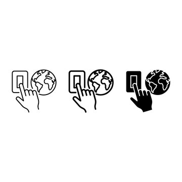 Global light switch icon set with hand clicking, outline and solid style, white background, vector Illustration
