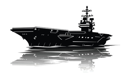 Detailed black silhouette of a naval aircraft carrier ship with reflection on water isolated on white background silhouette high quality professional detailed modern elegant © Thysl2000