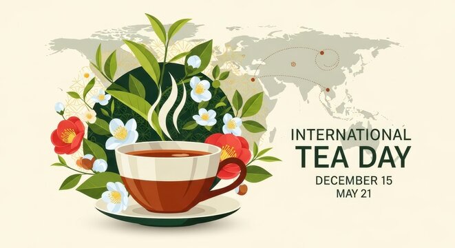 international tea day celebration with floral teacup and world map background