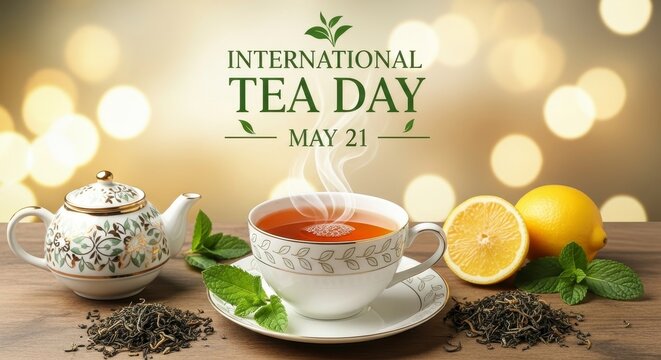 international tea day celebration with teapot cup lemon and warm lighting may 21