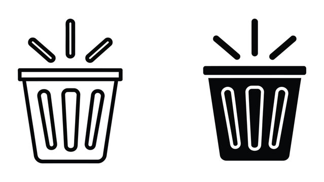 Black and white trash bin icon with lid open