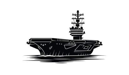 Detailed black silhouette of a modern aircraft carrier on water nautical vessel illustration isolated on a white background silhouette high quality professional detailed elegant © Thysl2000