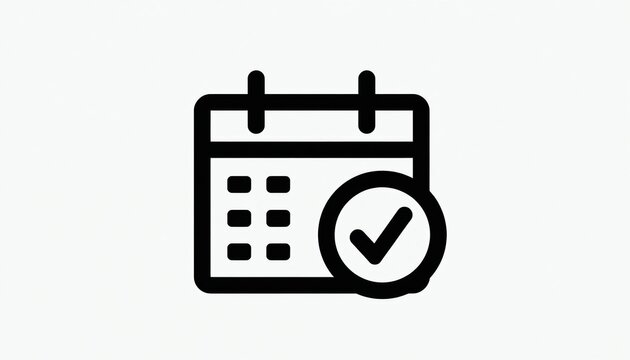 Simple flat icon shows calendar grid with check mark. Represents completed tasks, planned events, or approved dates. Graphic symbol for scheduling success and task management.