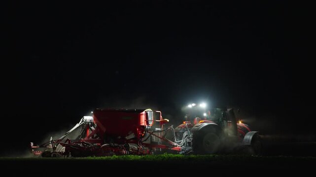 Modern Agricultural Tractor Seeding Crops at Night in Farm Field with Illuminated Lights Machinery, Precision Farming Equipment, Rural Landscape, Sowing and Planting Industry Work