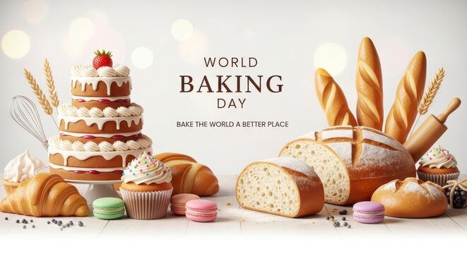 world baking day celebration with stacked cakes pastries and bread on white background