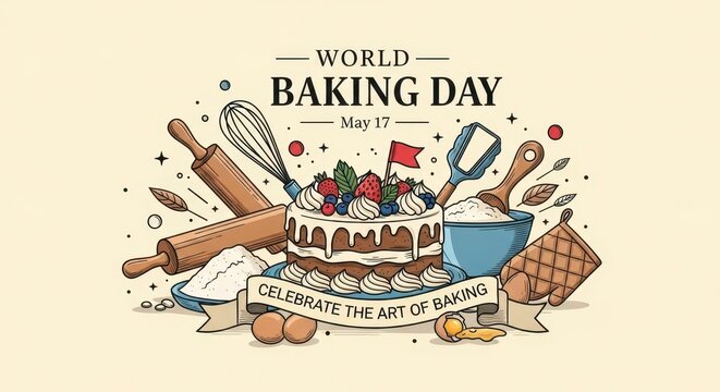 world baking day celebration illustration with cake and kitchen utensils on may 17