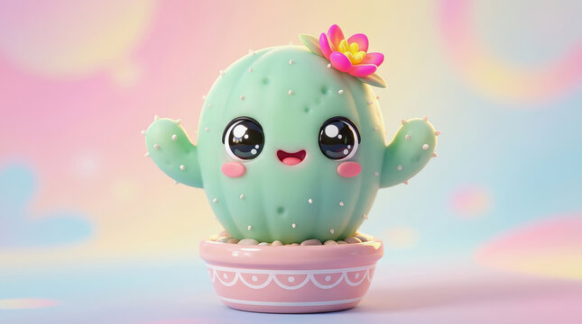Cute 3D cartoon cactus with big eyes, pink flower, and rosy cheeks sits in a decorative pot against a soft pastel background.