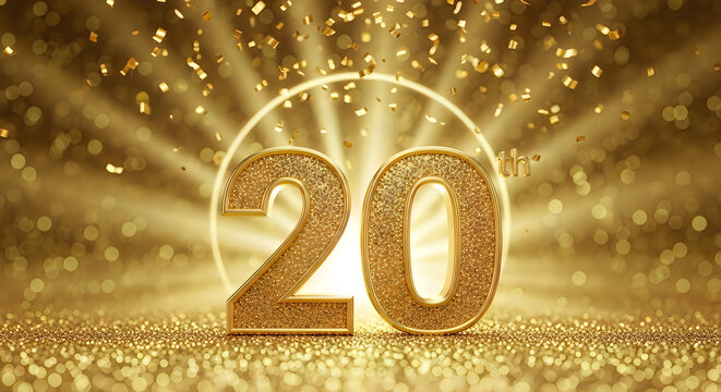 Golden 20th anniversary celebration background with glittering numbers and confetti