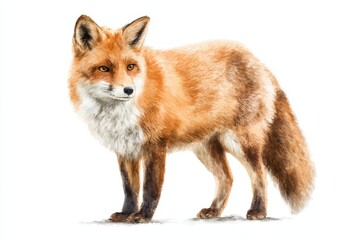 Fototapeta premium Hand-painted fox portrait in soft watercolor tones against a clean white backdrop