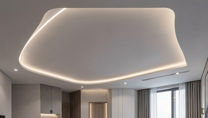 Fototapeta premium An open office area featuring a curved ceiling design with recessed lighting. Large windows provide natural light.