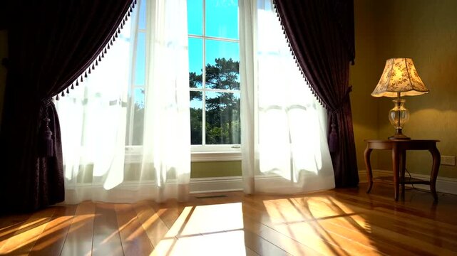 Sunlight Streams Through Elegant Curtains Onto Polished Wooden Floor.