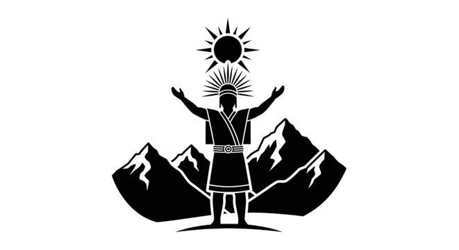Minimalist Black Silhouette Inti Raymi Sun Festival Figure Raising Hands Inca Tradition Vector Concept
