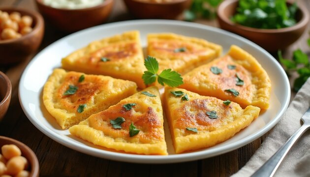 Golden chickpea pancake slices served on white plate, garnished with fresh parsley. Side dishes include chickpeas, herbs, and creamy dip. Delicious Italian socca or farinata makes perfect light meal.