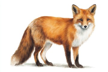 Fototapeta premium Gentle European red fox illustration with warm fur hues on a white surface