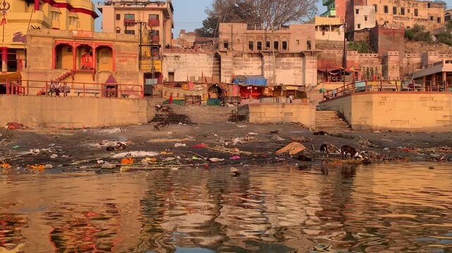 Varanasi at daybreak, as seen from the river Ganges in India