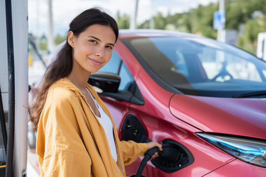 Woman charging her modern electric vehicle



