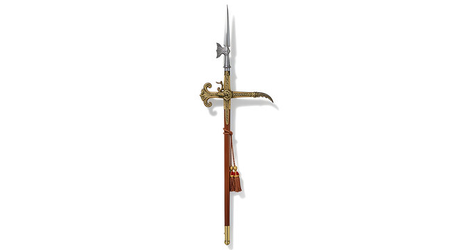 Ornate illustration of an ancient European polearm weapon with a sharp blade and hook, isolated