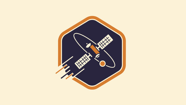 Stylized orbiting satellite with thruster trails inside a hexagon emblem