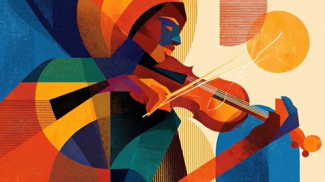 Geometric cubist illustration of a female jazz violinist for a music flyer