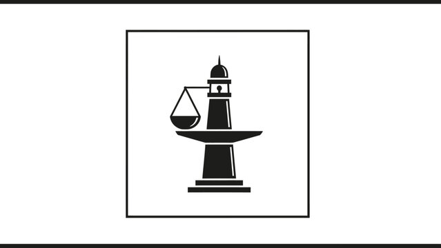 Stylized scale of justice atop a tower-like structure