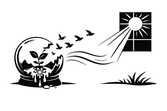 Minimalist Black and White Vector Illustration of a Broken Snow Globe Releasing Birds and a Growing Plant with Melting Snow Towards a Sunny Window, Symbolizing Spring Renewal, Hope, and Freedom