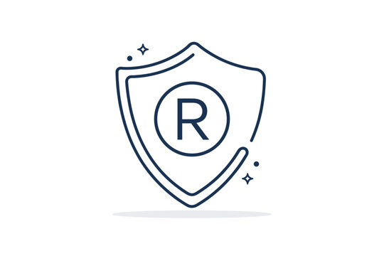 Minimalist continuous line art illustration of a registered trademark symbol inside a protective shield, representing intellectual property rights, brand security, legal protection, and copyright.