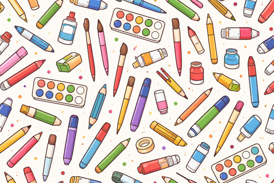Seamless Repeatable Pattern of Hand Drawn Art Supplies and Drawing Tools. Colorful Background Featuring Pencils, Paintbrushes, Markers, Watercolor Palettes, and Erasers for Creative School Projects.