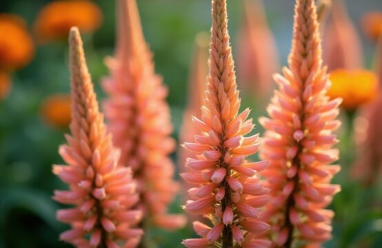 Closeup of peach agastache flowers with fuzzy texture. Soft light illuminates spiky blooms in a garden. Blurry orange flowers visible in background. Plant is a perennial.