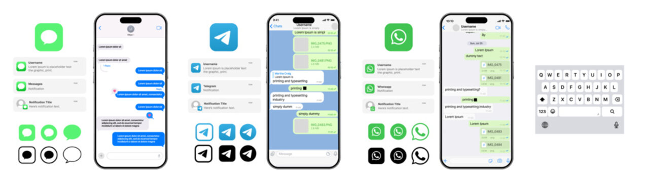 Telegram, iMessage, and WhatsApp Meta UI Template 2026 Update. WhatsApp logo, telegram logo and iMessage logo.