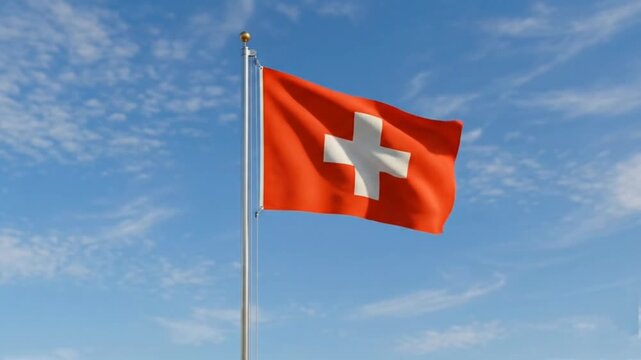 The Switzerland flag flies against a bright blue sky.