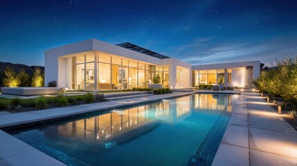 Fototapeta premium Contemporary residence at night featuring solar panels and a reflective pool