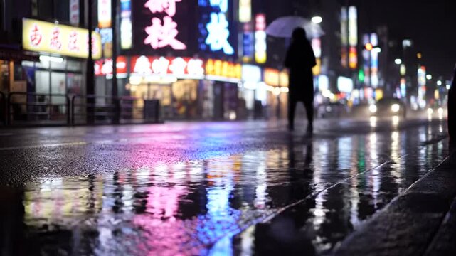 Rainy Night City Street with Neon Lights and Reflections.