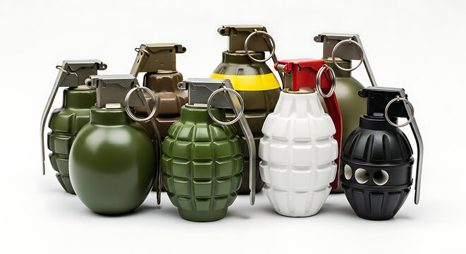 Collection of hand grenades isolated on a white background, diverse weaponry assortment