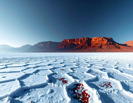 Landscape of Pluto&rsquo;s Sputnik Planitia with nitrogen ice cells and red tholin mountains. Blue atmospheric haze in a dim, sharp sky. Photorealistic space exploration and planetary science.